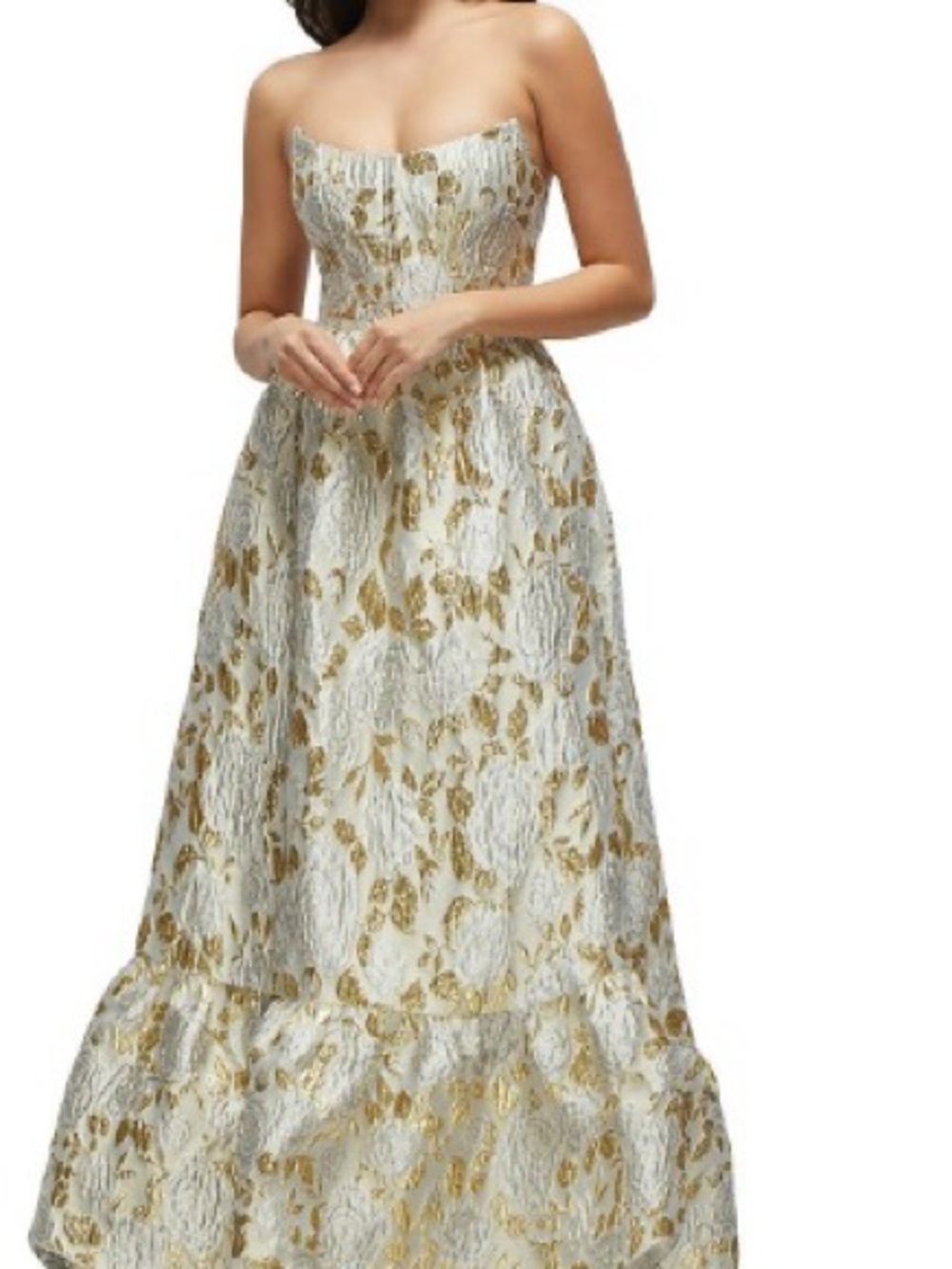 Dessy Collection Strapless White and Gold Floral Jacquard Gown